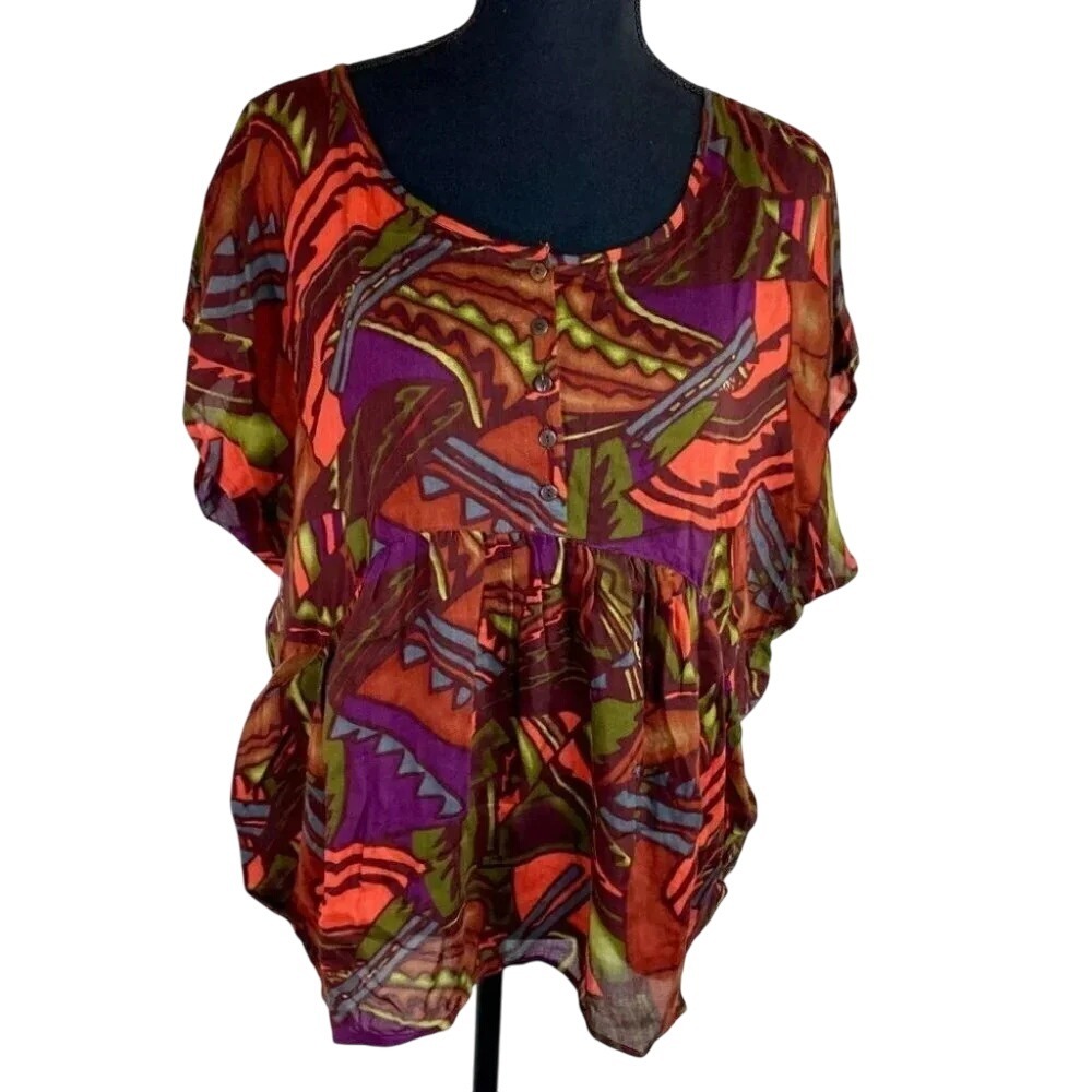 I Love H81 Abstract Geometric Bubble Hem Blouse Medium Multicolor Boho Rayon